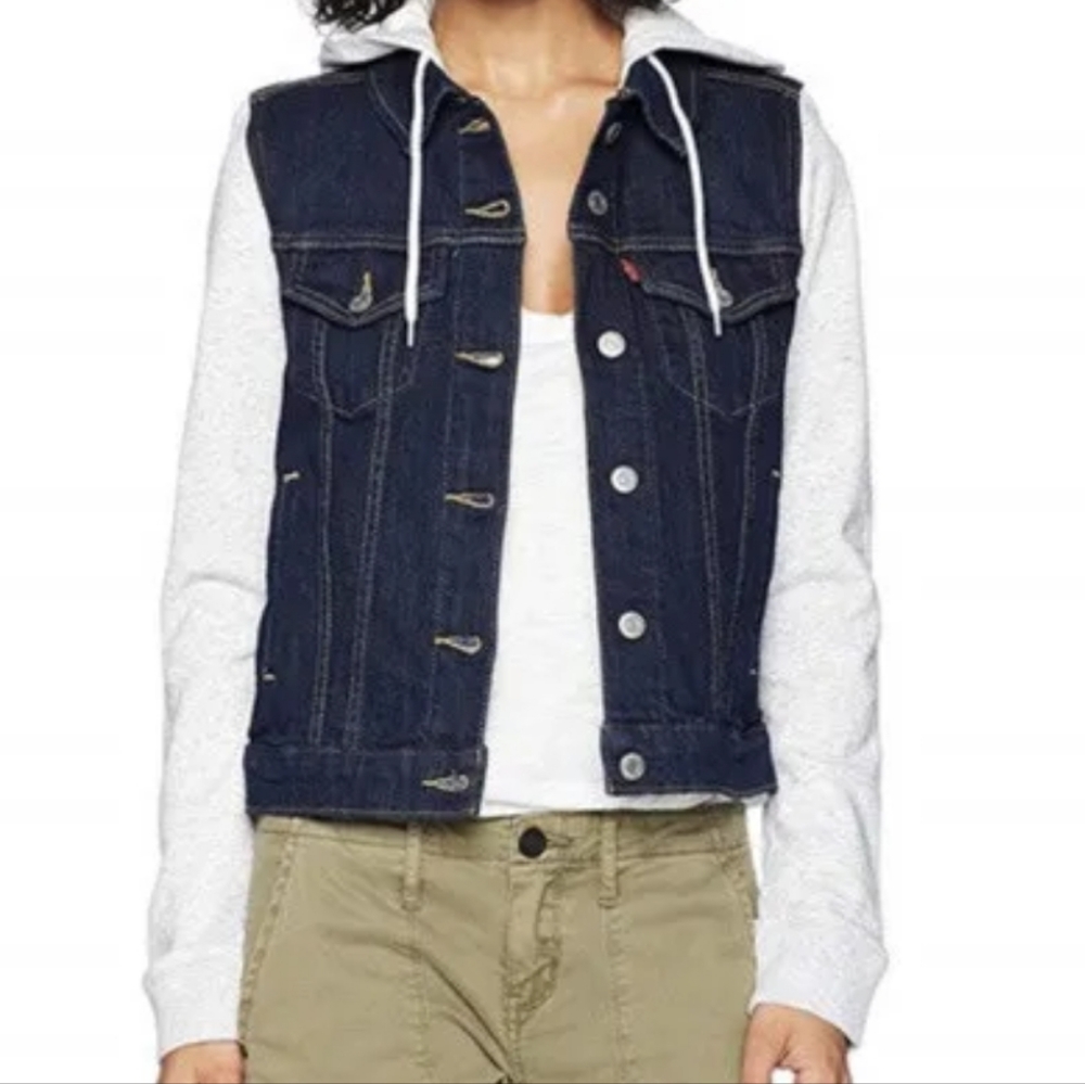 Levi's Dark Wash Hybrid Trucker Jacket with Hood, Women's Medium